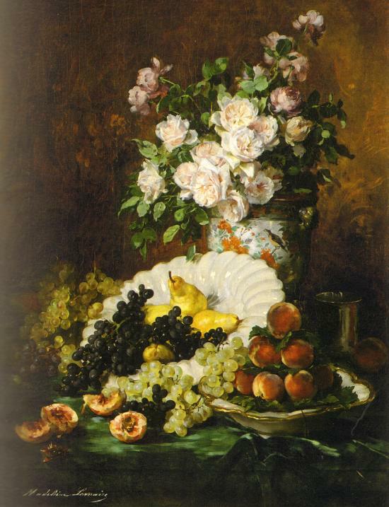 Coupe de fruits, fleurs et poires (1870)