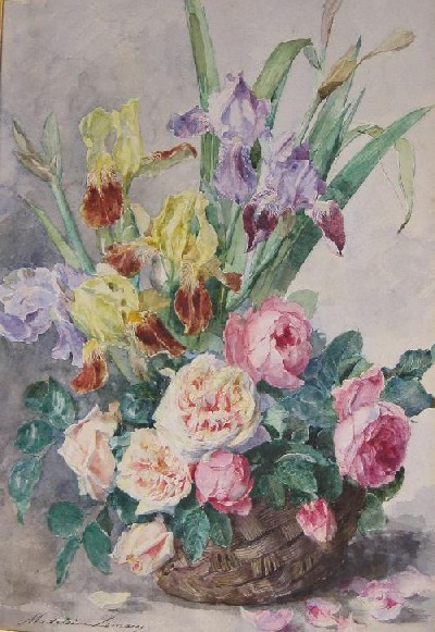 Iris et roses dans un panier